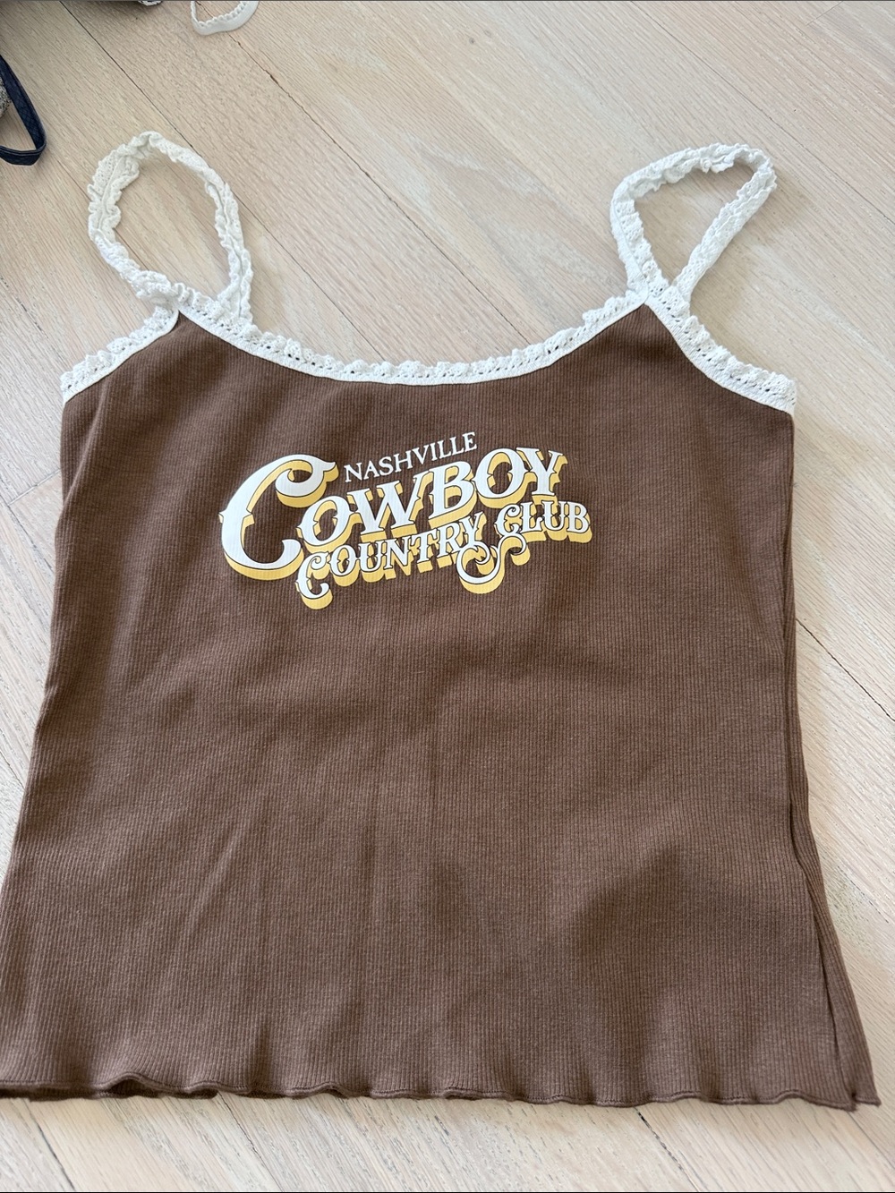 Edikted Brown Ribbed Tank with White Crochet Trim